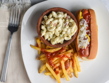 hot dog top with mustard , ketchup and onions served with  fries and macaroni salad,の写真素材