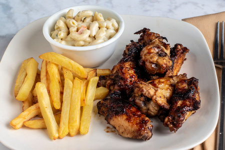 barbecue chiken wings served with macaroni salad and fries,の写真素材