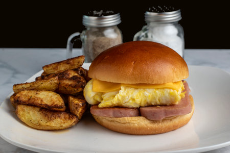 scramble eggs  and pan fried spam on a brioche bun served with potato wedges,の写真素材