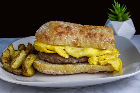 scramble egg  nd sausage patty on ciabatta bread served with home friesの写真素材