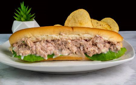 tuna salad sub served with  potato chips,の写真素材
