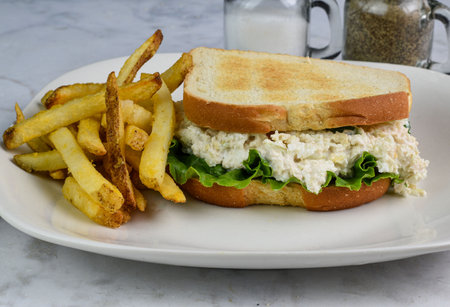 chicken salad sandwich served with a side of friesの写真素材