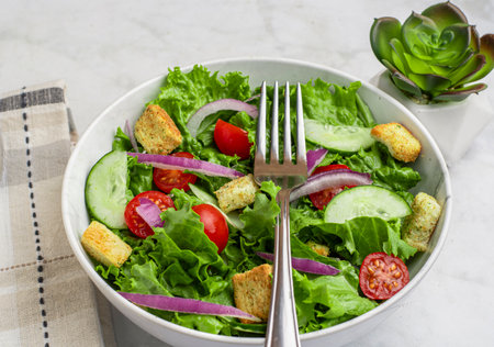 garden salad with  tomatoes, cucumbers and onions  top with croutons,の写真素材