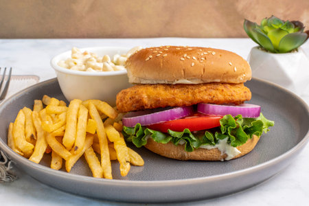 chicken fillet  with onions and tomato  on a sesame bun  served with macaroni salad and friesの写真素材
