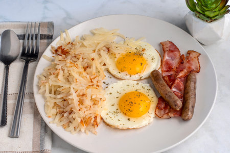 fried eggs top with parsley served with shredded hash browns, sausage and bacon,