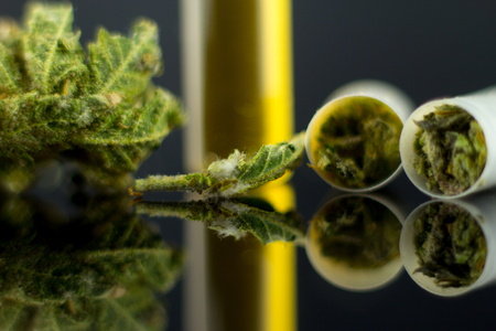 Medical Oil and Tablets of Cannabis - marijuana flower in capsules and oil cannabis on the mirror black background.の写真素材