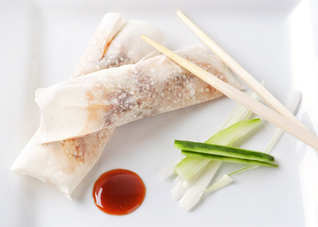 Crispy Duck rolls with Hoisin sauce and spring onions