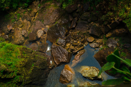 Water between stones and natural vegetation near a waterfall