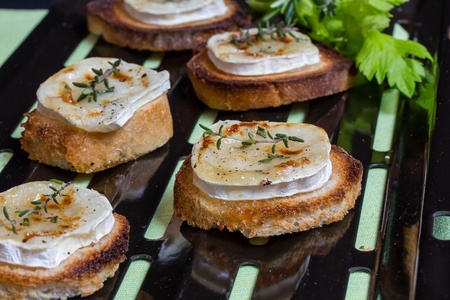 Toast with grilled goat cheese, honey and aromatic herbsの写真素材