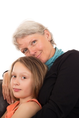 Portrait of senior and child. Isolated on a white background.の写真素材