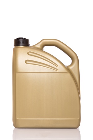 Golden motor oil can. Isolated on white background.の写真素材