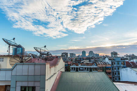 Antenna communication satellite dish with sky の写真素材