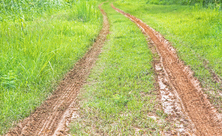 dirty rural road with deep tire tracksの写真素材