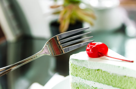 Piece of pandan cake and cherry, Pandan cakeの写真素材