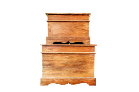 two wooden boxes, isolated on white background, room for textの写真素材