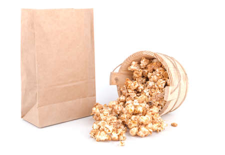 caramel popcorn on white backgroundの写真素材