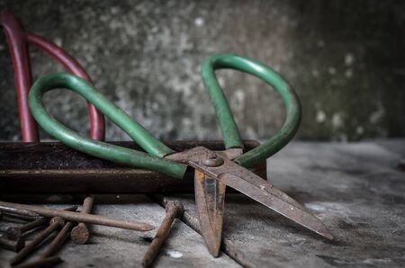 old scissors, old scissors still life on wooden backgroundの写真素材