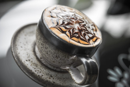 Cup of latte coffee, Cappuccino or latte coffee cup with art foamの写真素材