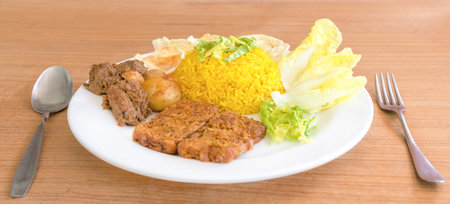 vegetarian rendang with turmeric rice, boiled rice, cooked with turmeric, fork and knife, Indonesian foodの写真素材
