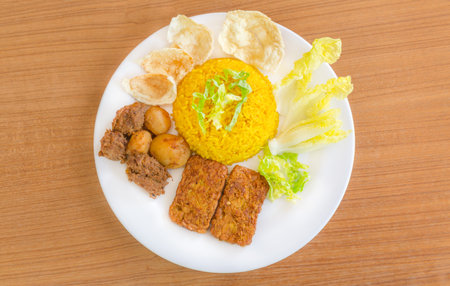 vegetarian rendang with turmeric rice, Indonesian foodの写真素材