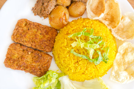 vegetarian rendang with turmeric rice, Indonesian foodの写真素材