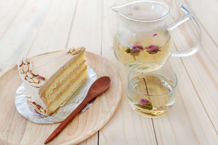 peanut butter cake with rose teaの写真素材