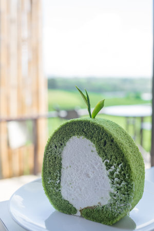 Close up green tea cake rolls, green tea cake rollの写真素材
