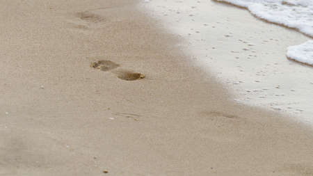 Footprints in the Sandà¸¡footprints on sand beach along the edge of seaの写真素材