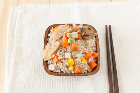 rice cooked with vegetables, starving vege rice, vegetarian cereal foodの写真素材