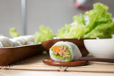 Portion of spring rolls with vegetables, vegetables in noodle tubeの写真素材