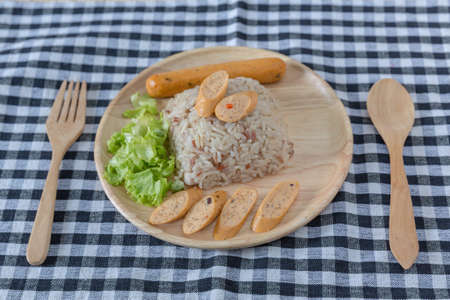 rice with vegetarian sausage and vegetables starving vege rice, vegetarian festivalの写真素材