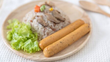 vegetarian sausage with rice, starving vege rice, vegetarian festivalの写真素材