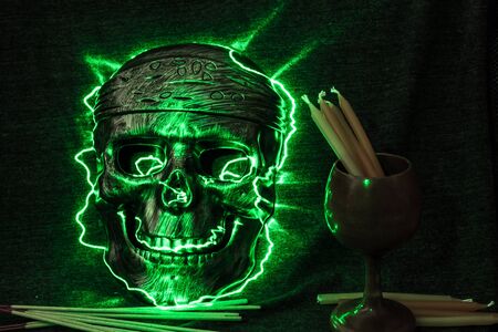 still life concept human skull mask on dark background, Halloween backgroundの写真素材