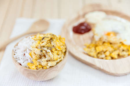 scrambled egg on rice, rice with scrambled eggsの写真素材