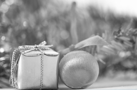 Christmas gift box with christmas balls-black and whiteの写真素材
