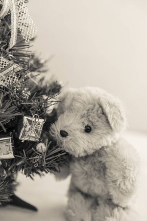 christmas teddy bear, Christmas tree with teddy bear and gift box : vintage styleの写真素材