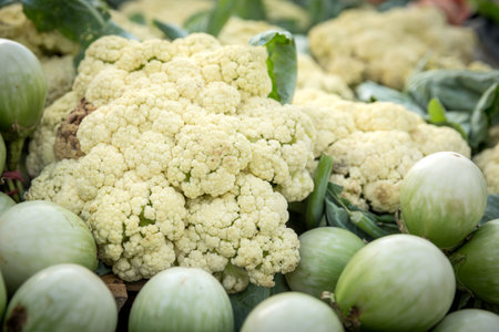 group of cauliflower, fresh cauliflower for sale at a market