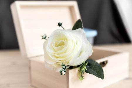 still life with rose in wooden box, soft color - Selective focus