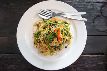thai style stir-fried spicy spaghetti, Stir-fried spicy spaghettiの写真素材