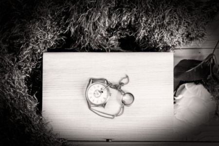 blurred image : Vintage still life with watch on a wooden box - blur style for backgroundの写真素材