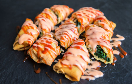 Fried spring roll with cheese and spinach vegetable with tomato sauceの写真素材