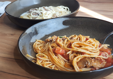 pasta spaghetti with tomato sauce - Italian traditional pasta : vegetarian food conceptの写真素材