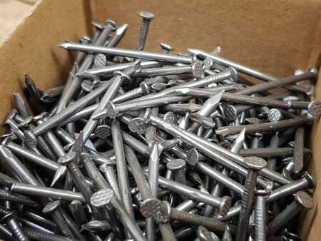 concrete nails in a cardboard : pointed piece of metal, construction parts, tools, components - rigid material - selective focusの写真素材
