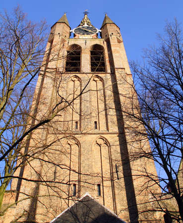 Tower of the Old Church (Oude Kerk) from 1250 in the city of Delft. Netherlandsの写真素材