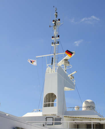Fehmann Belt. June-17-2017. Antenna mast with radar and satellite on a ferry in the Fehmann Belt. Denmarkのeditorial素材