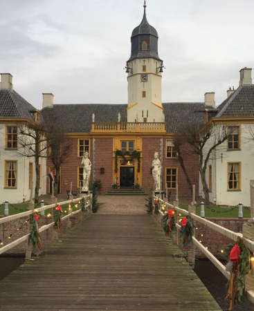 Slochteren. December-29-2019. Fraeylemaborg from the 13th century in a christmas atmosphere in Slochteren. the Netherlandsのeditorial素材