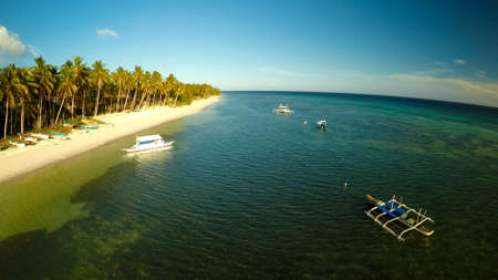 Aerial view of Bohol coast Island with boats. Aerial. Fisheye view. Philippines.の写真素材