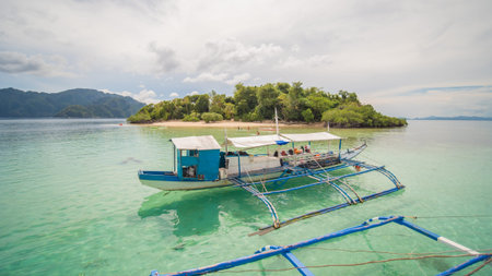 A tourist boat on the background of the island. CYC beach. Coron. Palawan. Philippines.