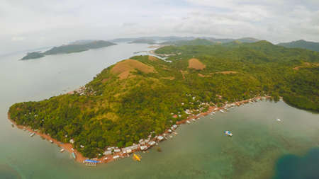 Aerial view of small islands Siete Pecados near in Coron Bay. Palawan. Overcast.の写真素材