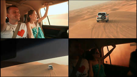 Desert Safari SUVs bashing through the arabian sand dunes. The girl and the guy in the car 4の写真素材